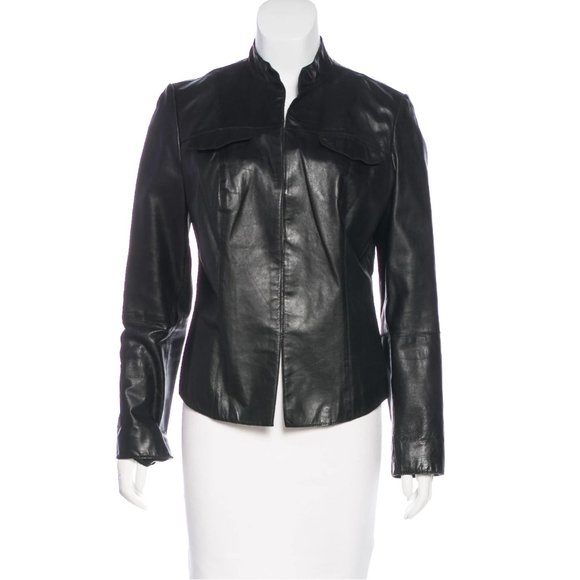 Leather Short Hem Blazer Jacket KENNETH COLE Black Banded Collar Womens M 6 8 - Picture 1 of 11